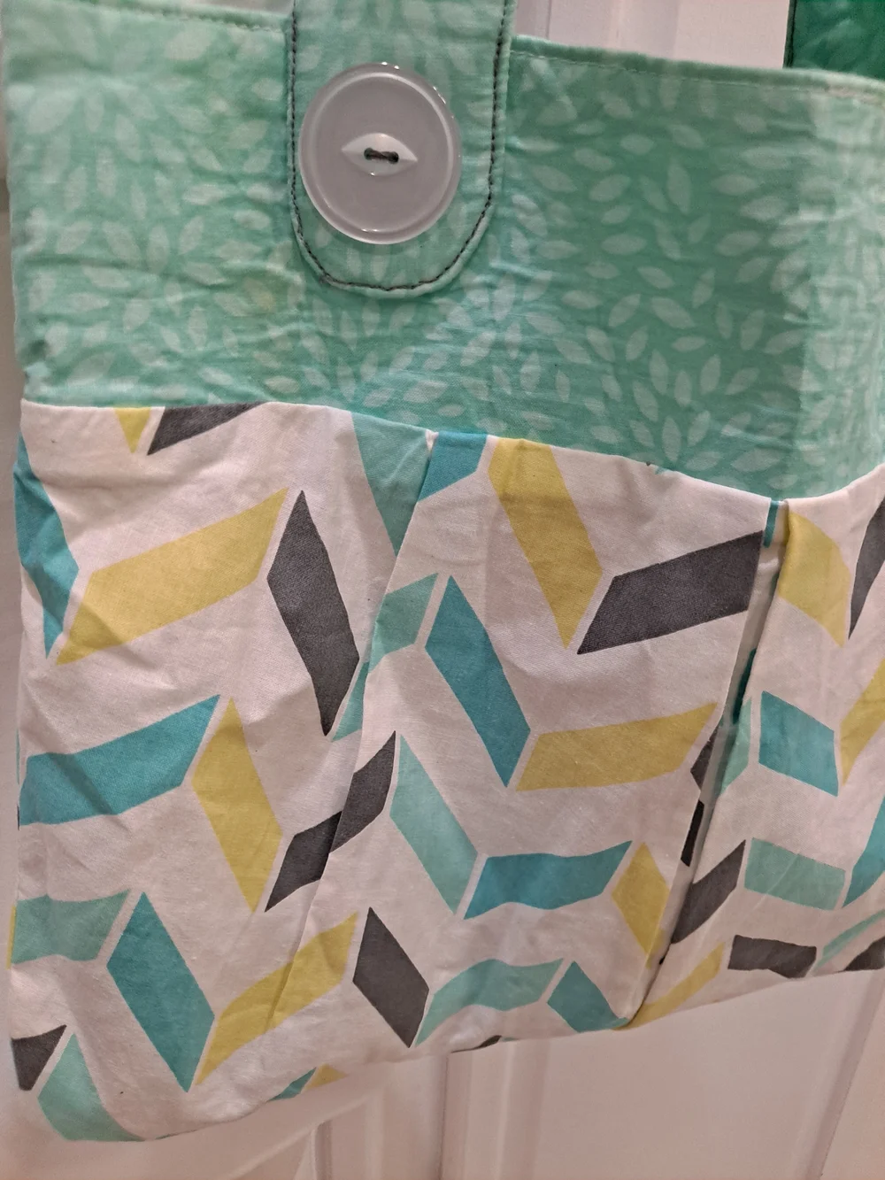 Artisan Crafted Mint, White, Gray, and Teal Chevron Pleated Mini Tote W/buttons - Picture 2 of 7